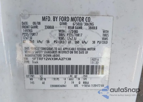 2009 Ford F-150 Xl z USA, uszkodzony, nr VIN 1FTRF12WX9KA27138